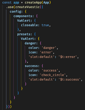 Vuestic UI alert customization code example